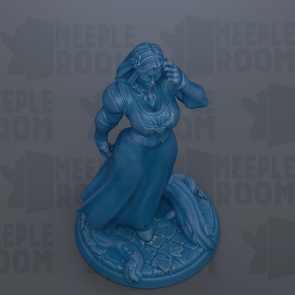 A blue figurine of a woman standing on a stone base, with the text "MEIPLLE ROOM" repeated in the background.