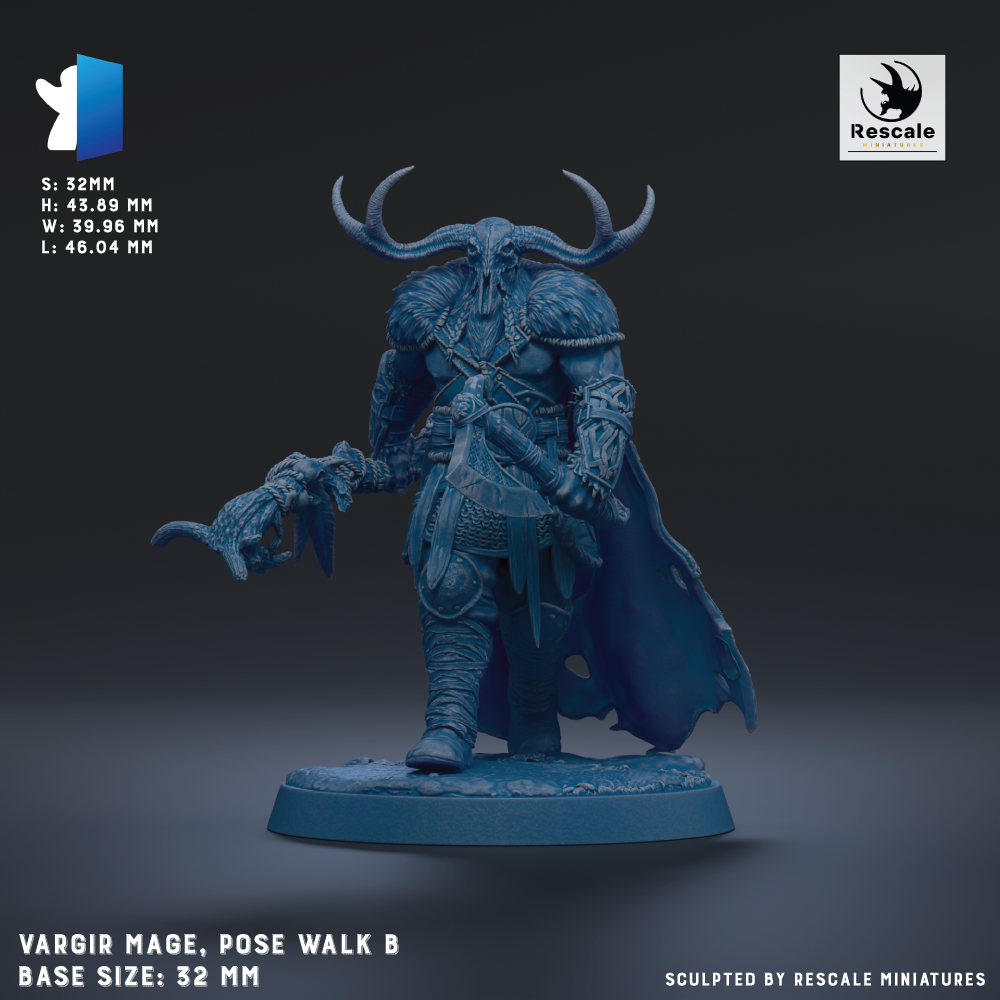 The image is a 3D rendering of a figurine of a warrior-like character with horns, standing on a base and holding a weapon. The figurine is described as a "VARGIR Mage, pose walk B" and has a base size of 32mm. The image is a 3D rendering of a warrior-like character with horns, standing on a base and holding a weapon.