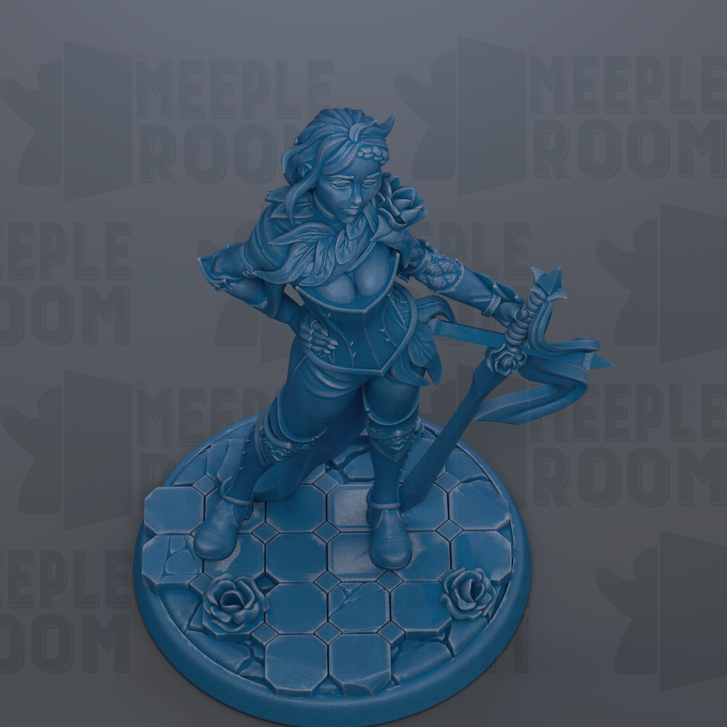 A blue figurine of a female character with a sword and shield, standing on a blue base with a geometric pattern.