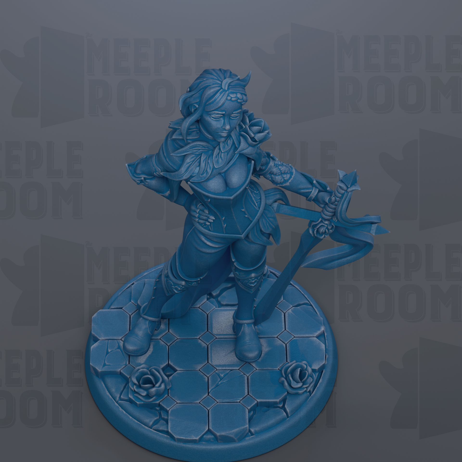 A blue figurine of a female character with a sword and shield, standing on a blue base with a geometric pattern.