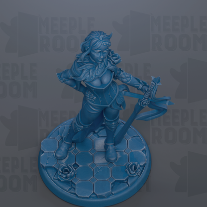 A blue figurine of a female character with a sword and shield, standing on a blue base with a geometric pattern.