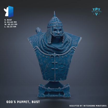 a bust of a person wearing a helmet and a robe, with a sword and a shield.