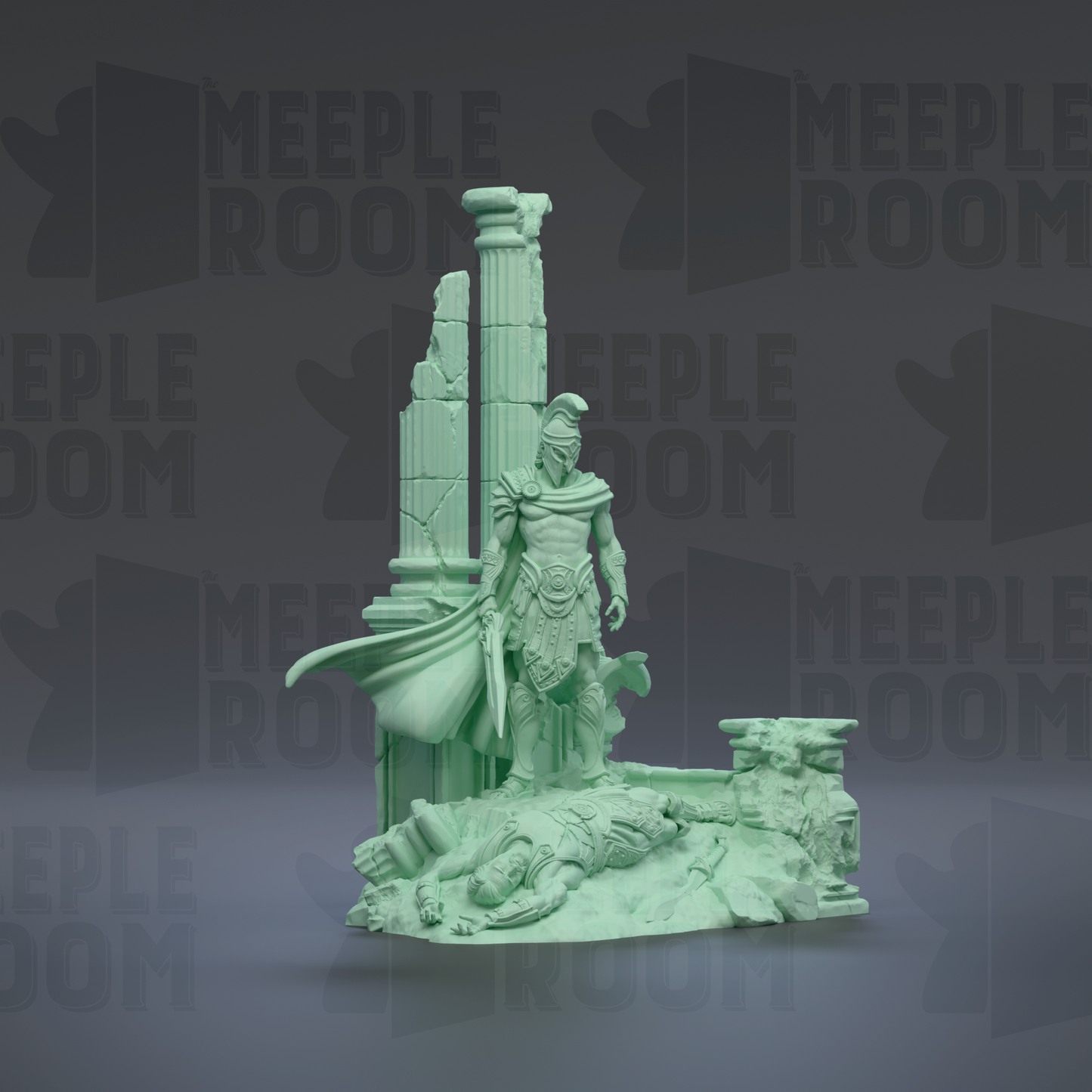 a statue of a warrior standing in front of a fallen structure, with the word "MEIPLLE" visible in the background.