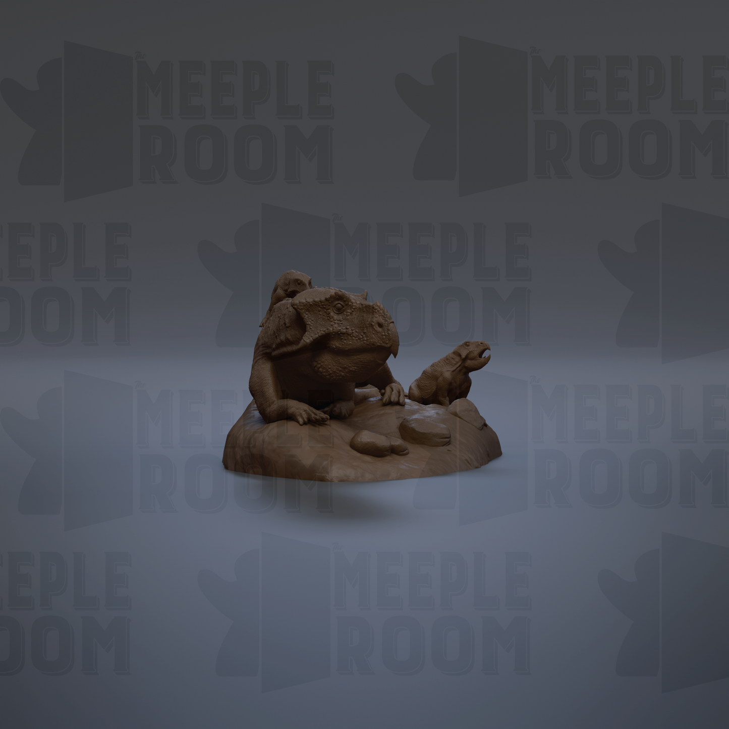 a small brown figurine of a creature sitting on a rock, surrounded by a repeating pattern of the word "MEIPLE ROOM" in the background.