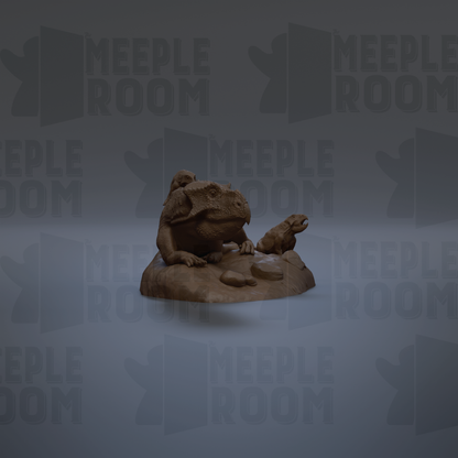 a small brown figurine of a creature sitting on a rock, surrounded by a repeating pattern of the word "MEIPLE ROOM" in the background.