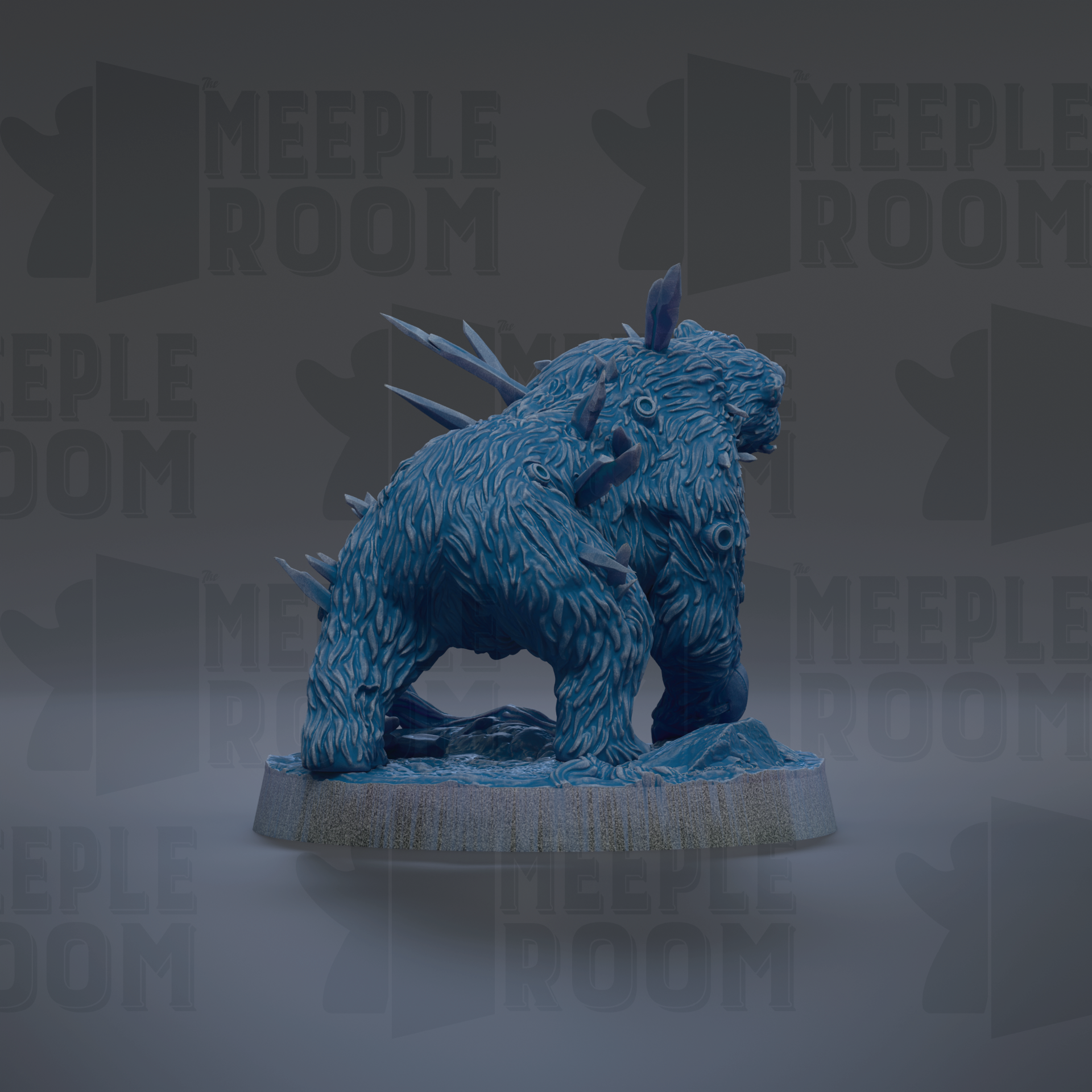 A 3D rendering of a blue, furry creature with sharp teeth, standing on a platform against a dark background with repeated text.