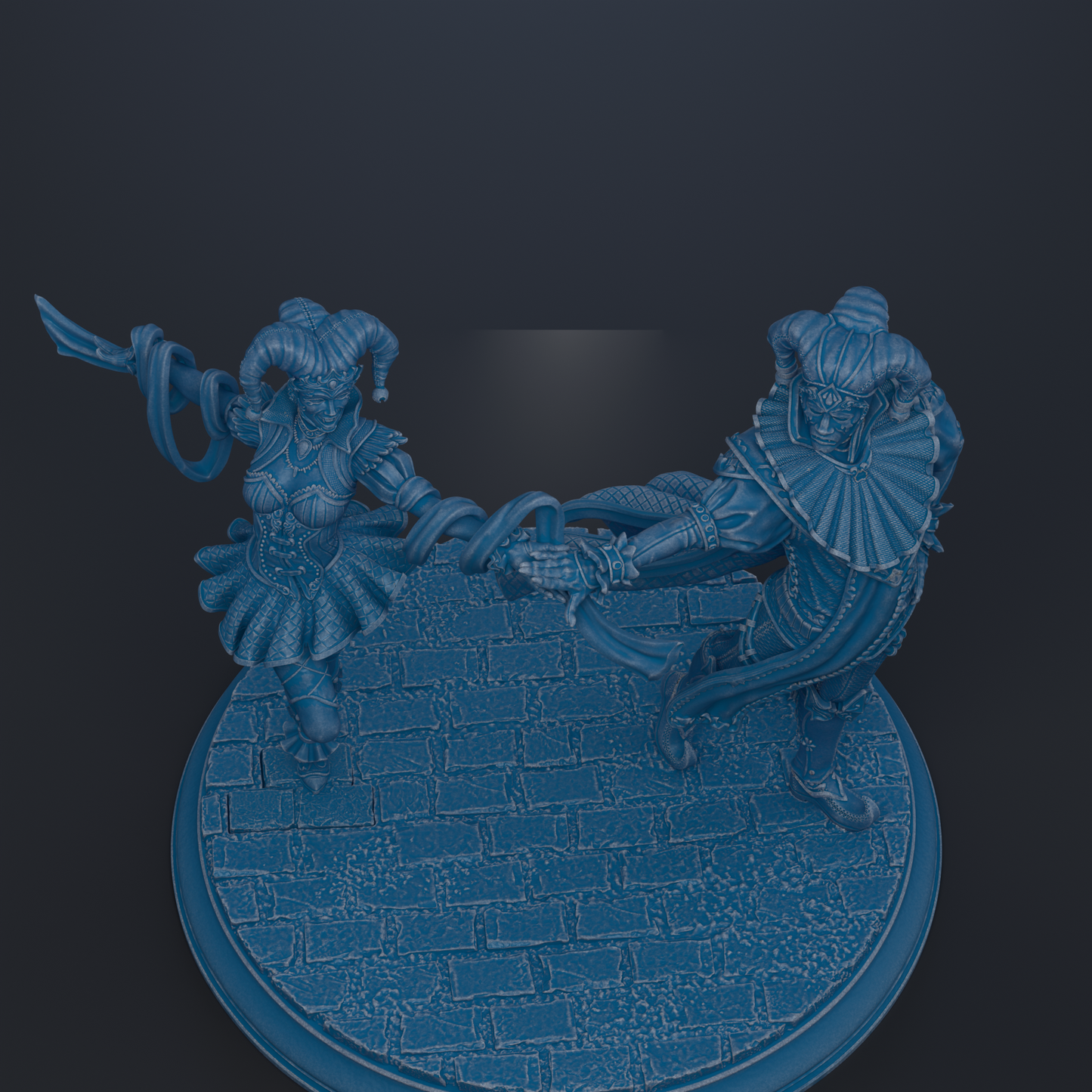 A 3D rendering of two figures, one with a sword and the other with a shield, standing on a brick surface.