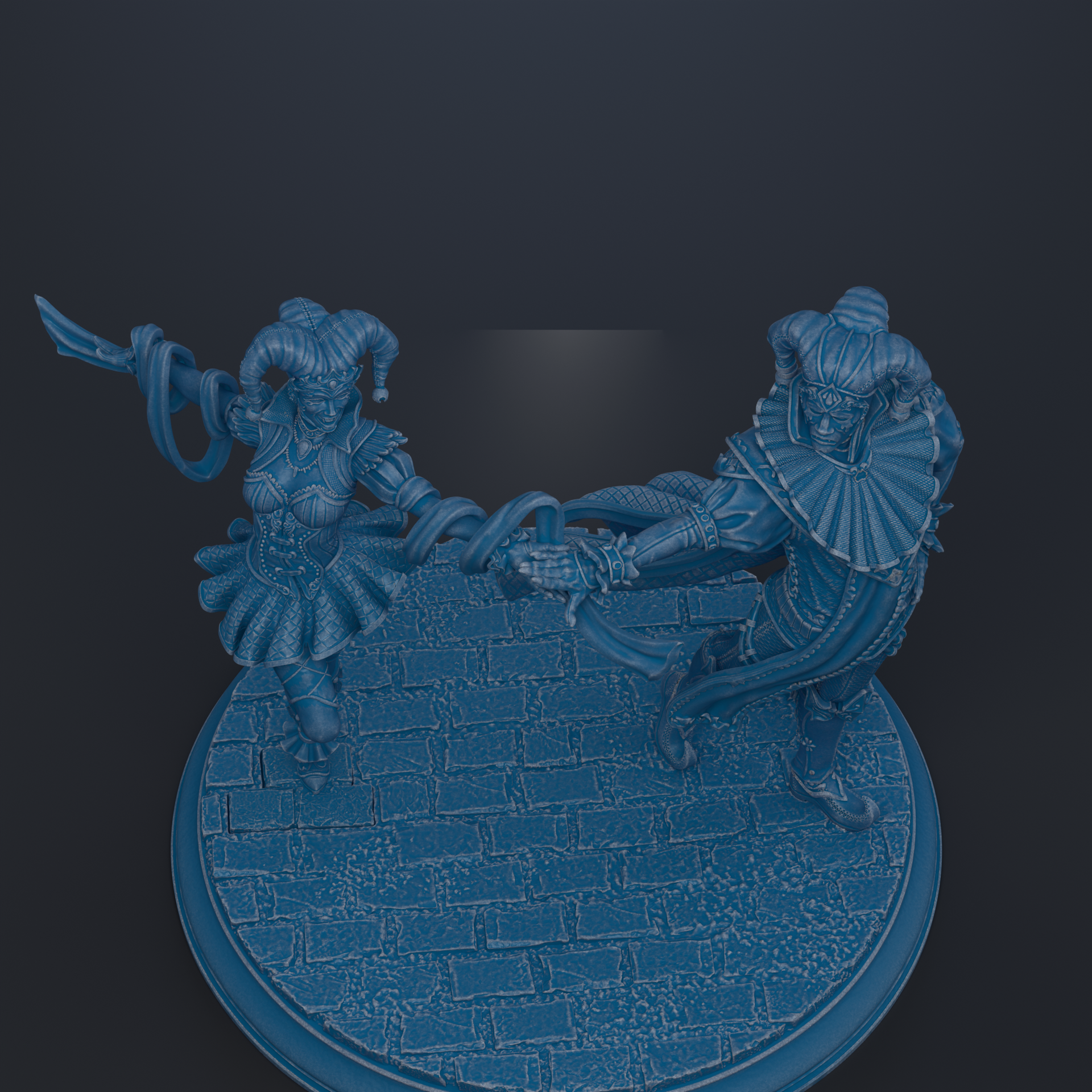 A 3D rendering of two figures, one with a sword and the other with a shield, standing on a brick surface.