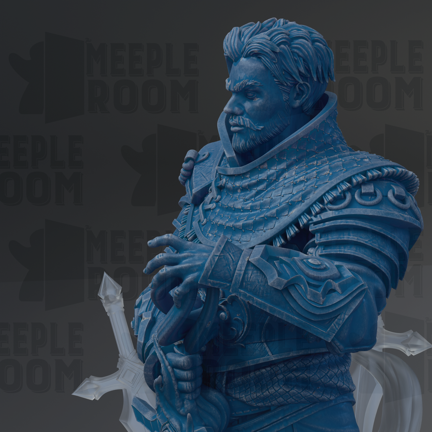 A detailed 3D model of a warrior figure, with intricate armor and a sword, set against a dark background with the text "MEEPLE ROOM" repeated multiple times.
