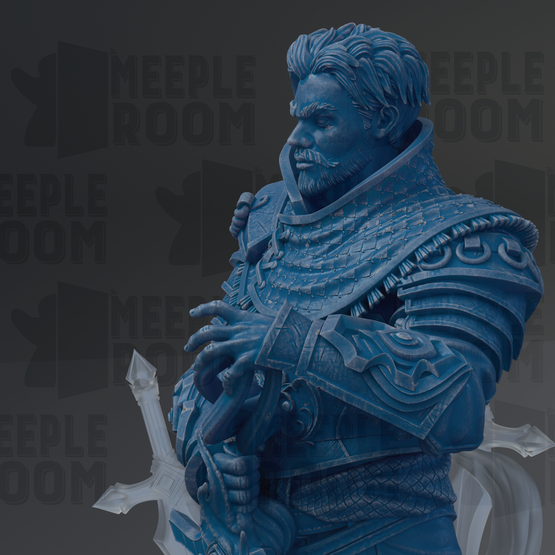 A detailed 3D model of a warrior figure, with intricate armor and a sword, set against a dark background with the text "MEEPLE ROOM" repeated multiple times.