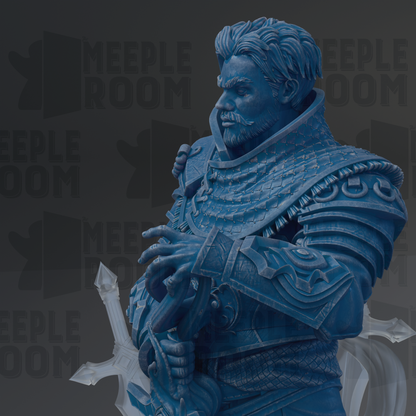 A detailed 3D model of a warrior figure, with intricate armor and a sword, set against a dark background with the text "MEEPLE ROOM" repeated multiple times.