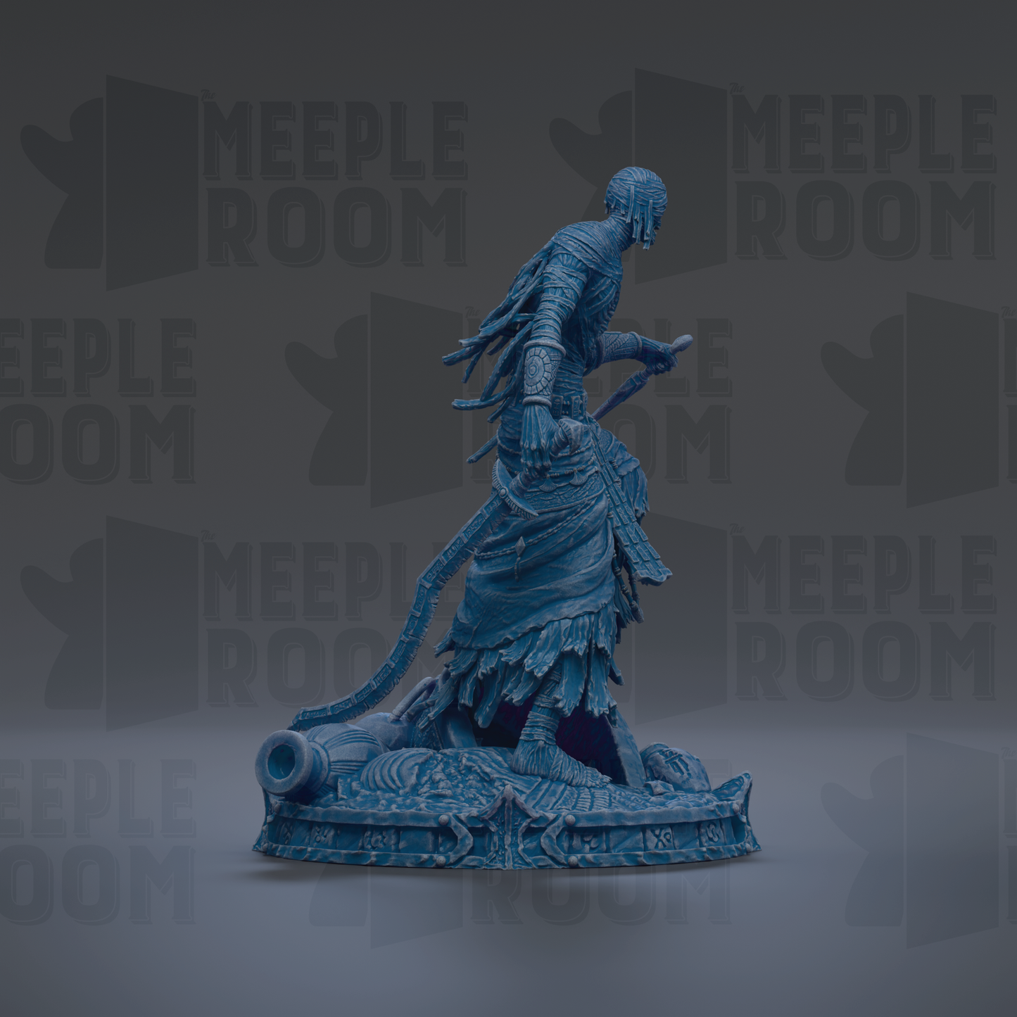 A blue statue of a figure with a sword and shield, standing on a pedestal.