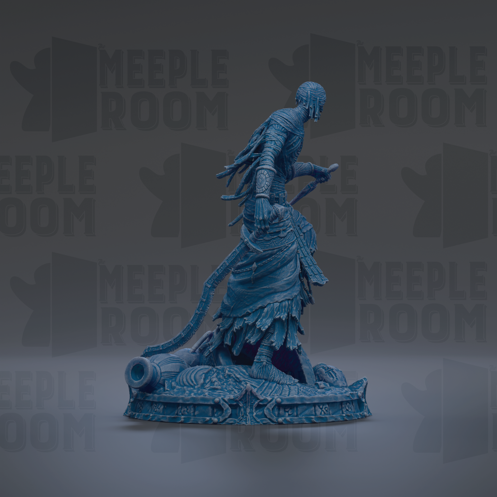A blue statue of a figure with a sword and shield, standing on a pedestal.