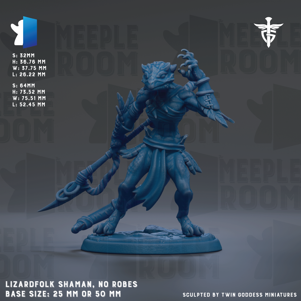 A blue figurine of a dragon-like creature with a long tail and sharp claws, standing on a base and holding a weapon. The figurine appears to be a sculpture or model of a lizardfolk shaman, with the base size being 25mm or 50mm.