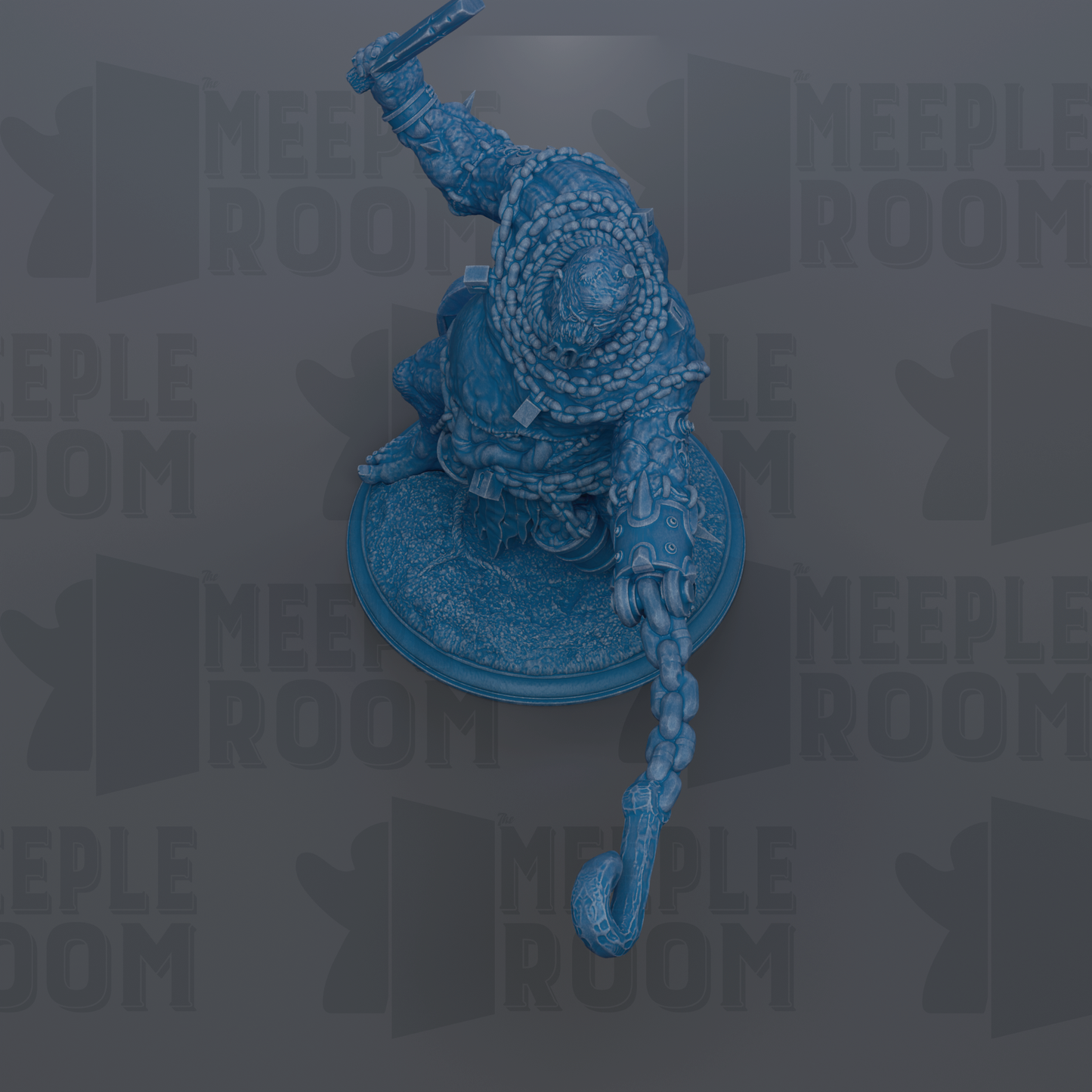 A blue statue of a person holding a weapon, with the text "MEEPLE ROOM" repeated in the background.