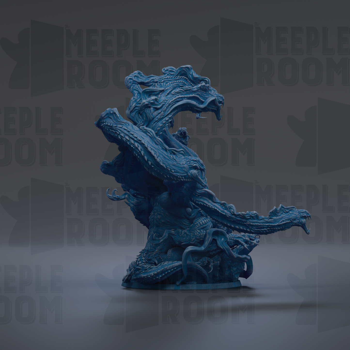 A blue, abstract dragon-like creature with flowing, organic shapes and patterns, set against a dark background with repeated text.