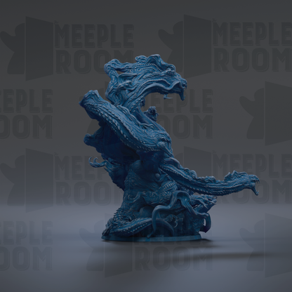A blue, abstract dragon-like creature with flowing, organic shapes and patterns, set against a dark background with repeated text.