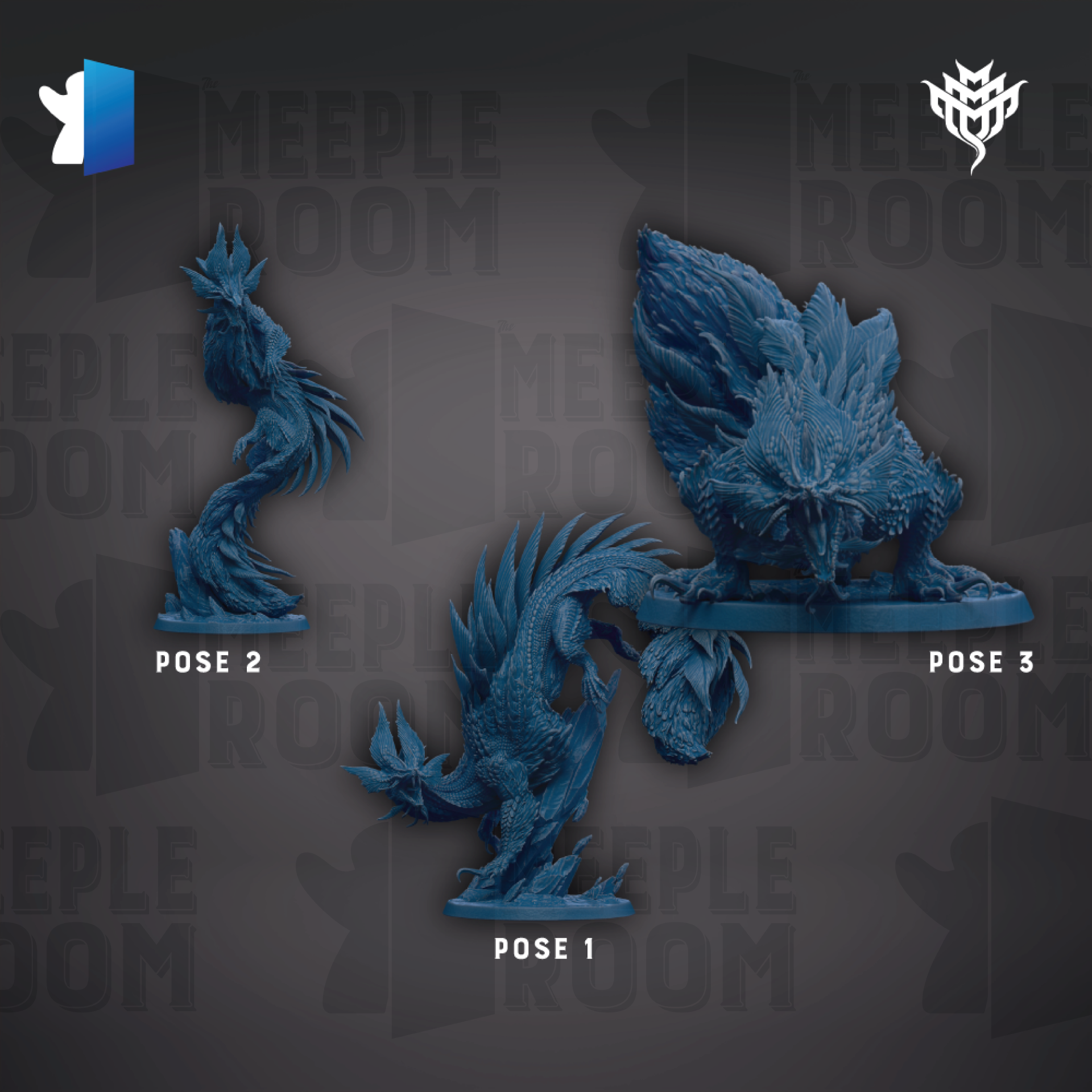 three blue figurines of fantastical creatures, each with a different pose, displayed against a dark background with repeated text.