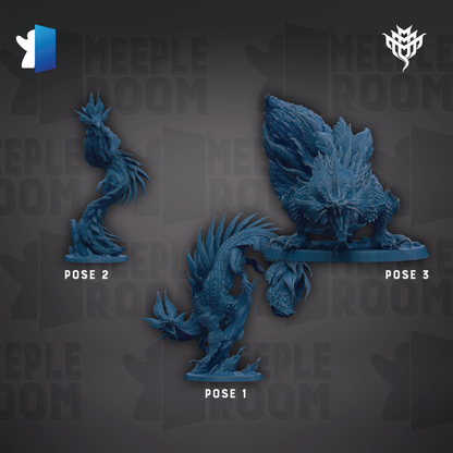 three blue figurines of fantastical creatures, each with a different pose, displayed against a dark background with repeated text.