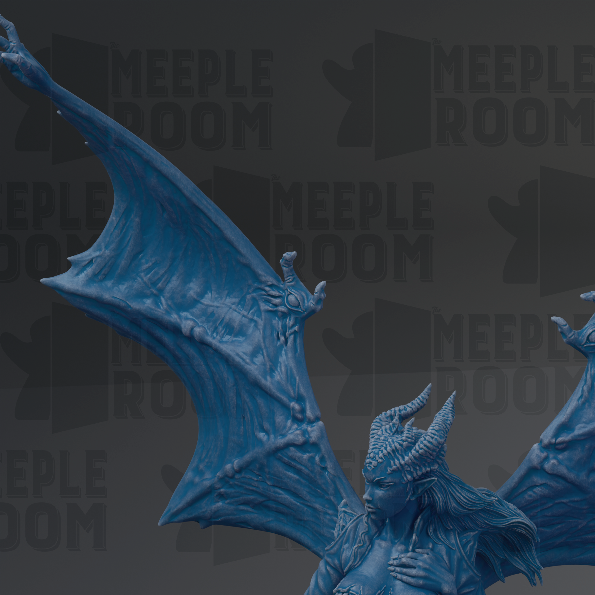 A blue dragon statue with horns and wings, set against a dark background with repeated text.