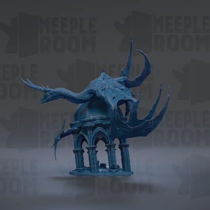 A blue dragon statue with horns and a long tail, standing on a pedestal-like structure.