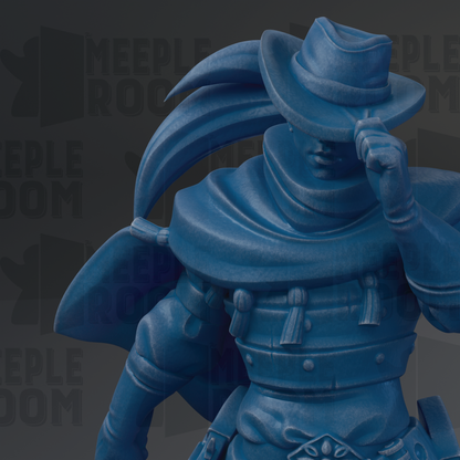 A close-up of a blue statue of a person wearing a hat and holding a weapon, with the text "MEEPLE ROOM" visible in the background.