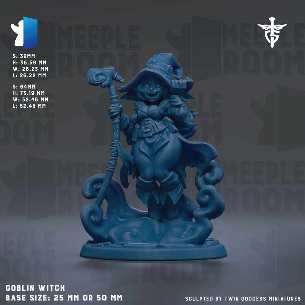 The image is a detailed 3D model of a blue-colored female character, likely a witch, with a pointed hat and a staff. The character is standing on a base that is either 25mm or 50mm in size. The background of the image is a dark gray color, and there is text providing information about the base size and the sculptor.