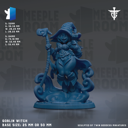 The image is a detailed 3D model of a blue-colored female character, likely a witch, with a pointed hat and a staff. The character is standing on a base that is either 25mm or 50mm in size. The background of the image is a dark gray color, and there is text providing information about the base size and the sculptor.