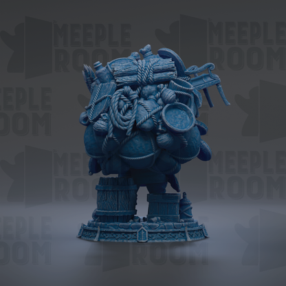 The image is a 3D rendering of a blue, abstract sculpture with various objects and shapes, including a large ball, a barrel, and other items. The background is dark, which emphasizes the sculpture and its details.