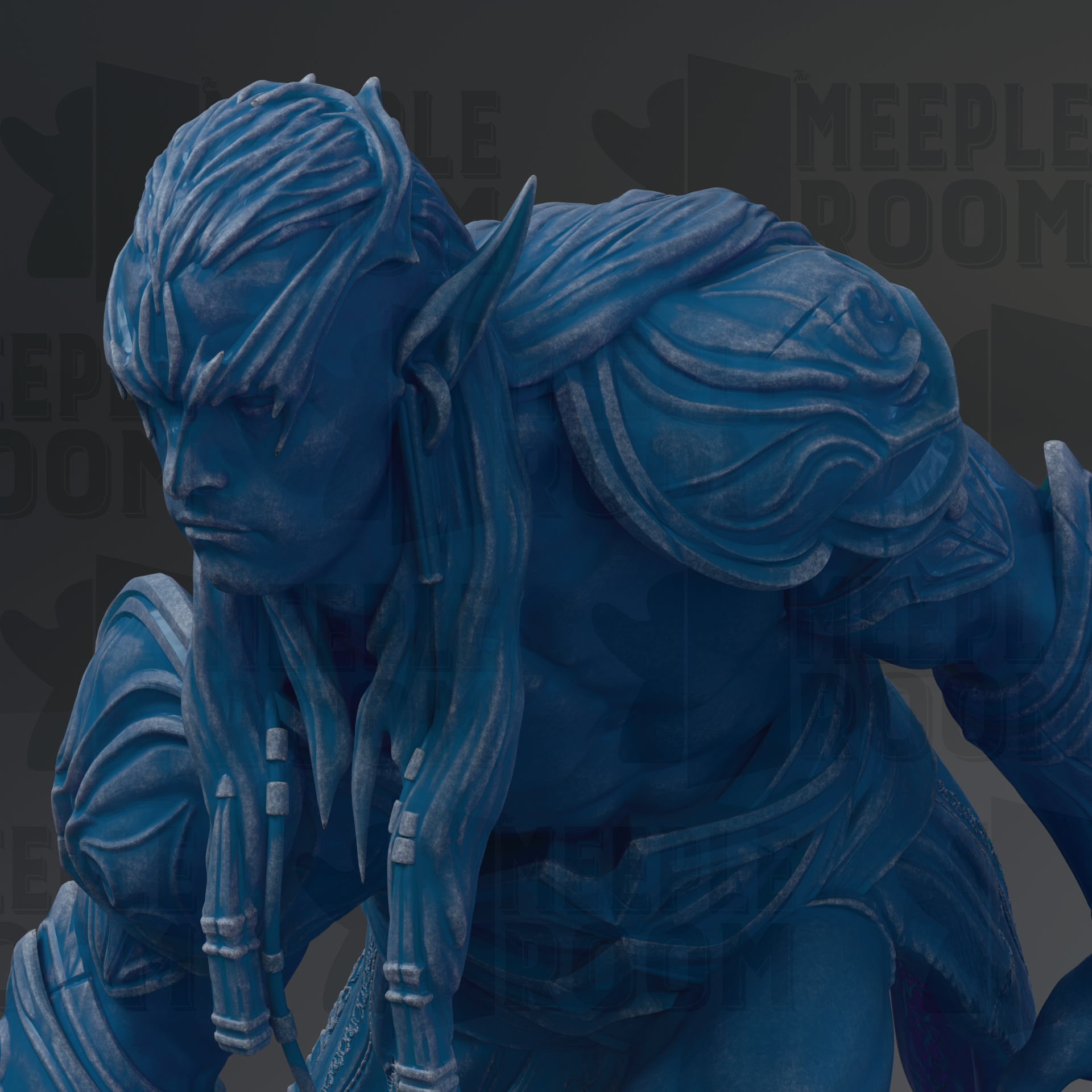A close-up view of a blue, sculpted figure with intricate details and flowing hair, set against a dark background.