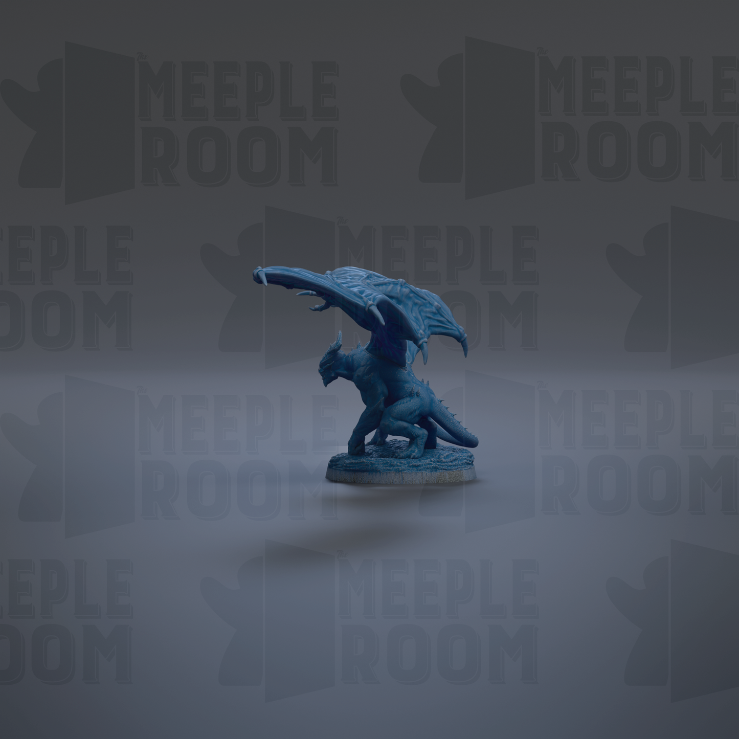 A blue dragon figurine is standing on a gray surface against a dark background with repeated text.