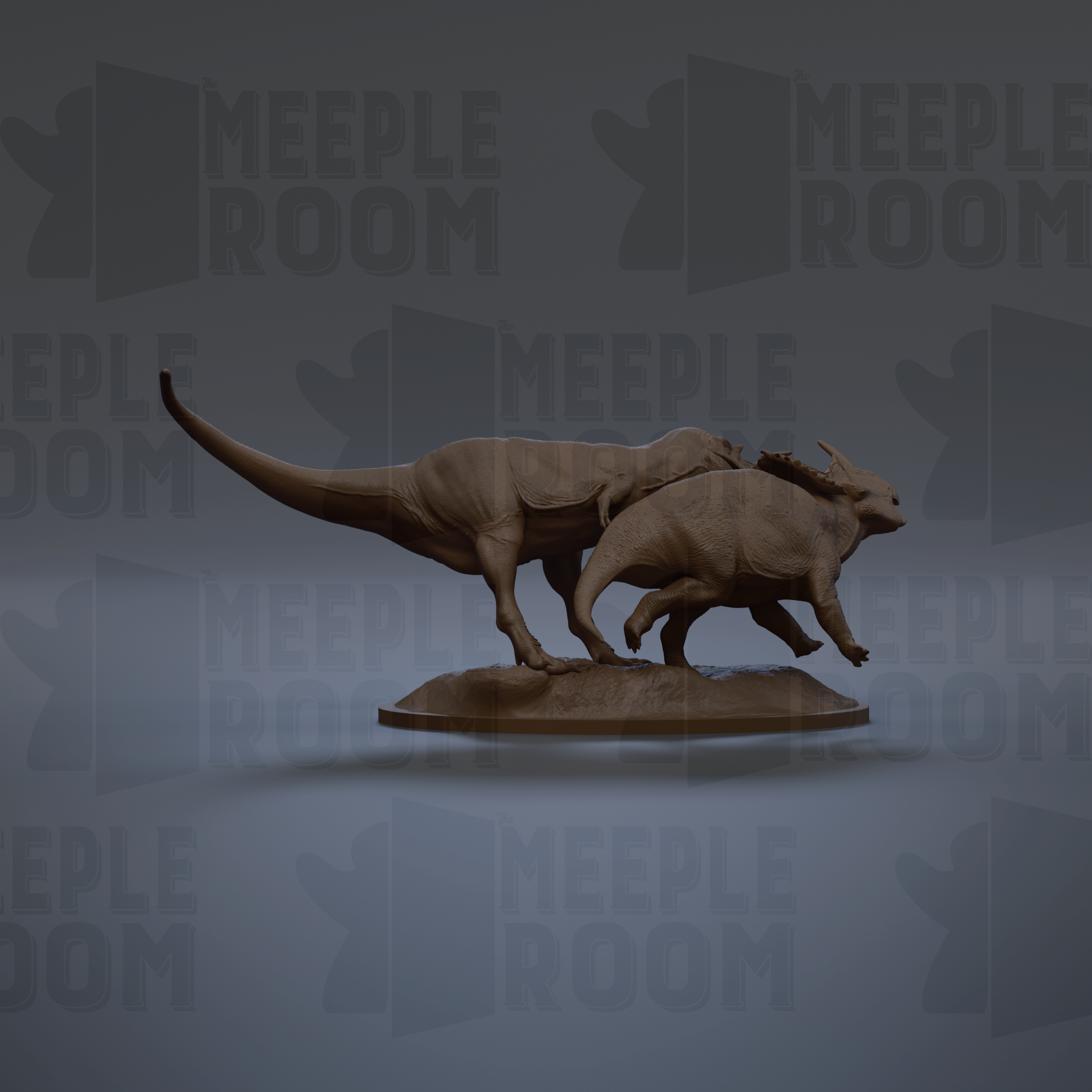 A 3D rendering of a dinosaur statue, likely a meek dinosaur, standing on a platform against a dark background with repeated "MEIPLE ROOM" text.