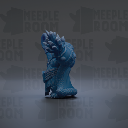 A blue, 3D-rendered figure with a textured, dragon-like appearance stands prominently against a dark background with repeated "MEIPLE ROOM" text.