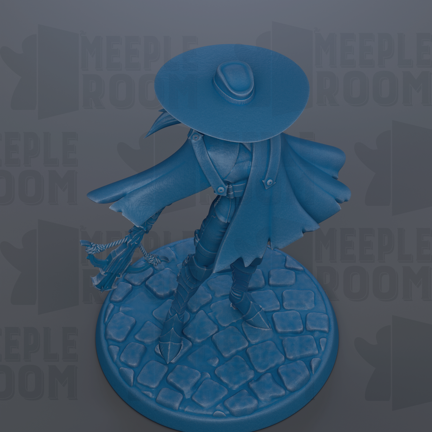 A blue figurine of a person wearing a hat and holding a sword, standing on a circular base.