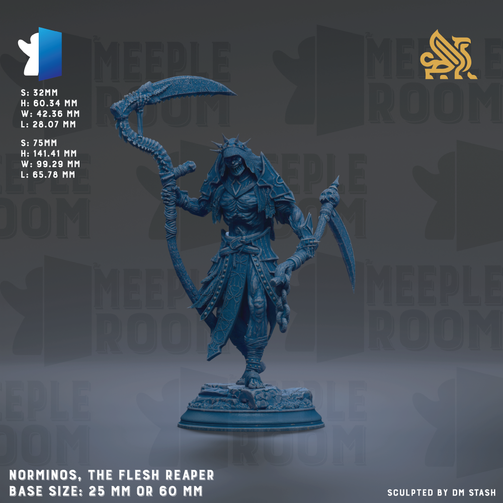 a figurine of a character named NORMINOS, the Flesh Reaper, with a large, curved weapon in his hand. The figurine is shown in a dynamic pose, standing on a base that is either 25mm or 60mm in size. The image is a sculpture, and it is created by the artist who has sculpted it. The image does not contain any text, and it does not depict any scene or action. The image is a single, standalone piece, and it does not represent a collage of multiple images.