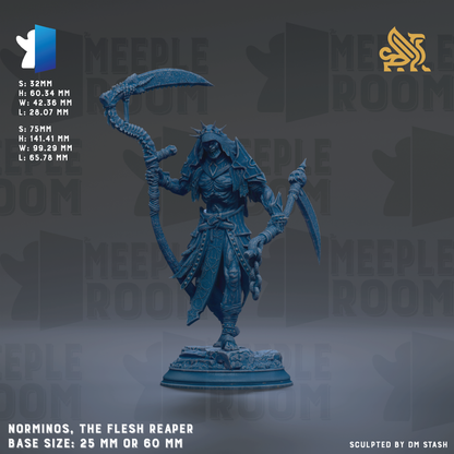 a figurine of a character named NORMINOS, the Flesh Reaper, with a large, curved weapon in his hand. The figurine is shown in a dynamic pose, standing on a base that is either 25mm or 60mm in size. The image is a sculpture, and it is created by the artist who has sculpted it. The image does not contain any text, and it does not depict any scene or action. The image is a single, standalone piece, and it does not represent a collage of multiple images.