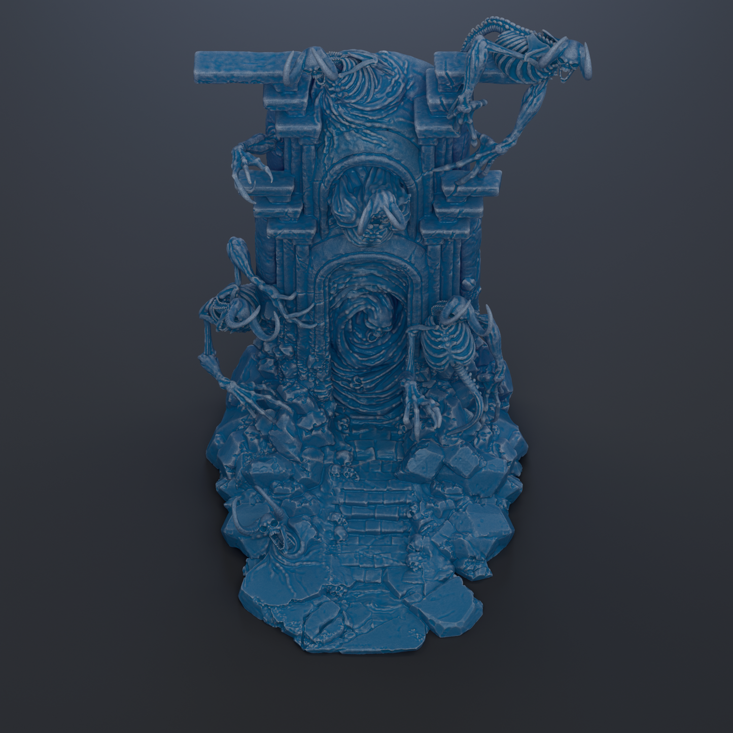 The image is a 3D rendering of a blue, abstract sculpture or statue with intricate details and a complex design.