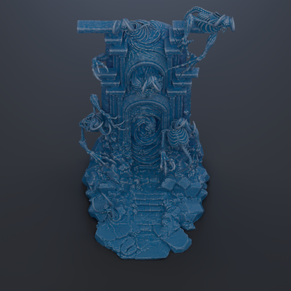The image is a 3D rendering of a blue, abstract sculpture or statue with intricate details and a complex design.