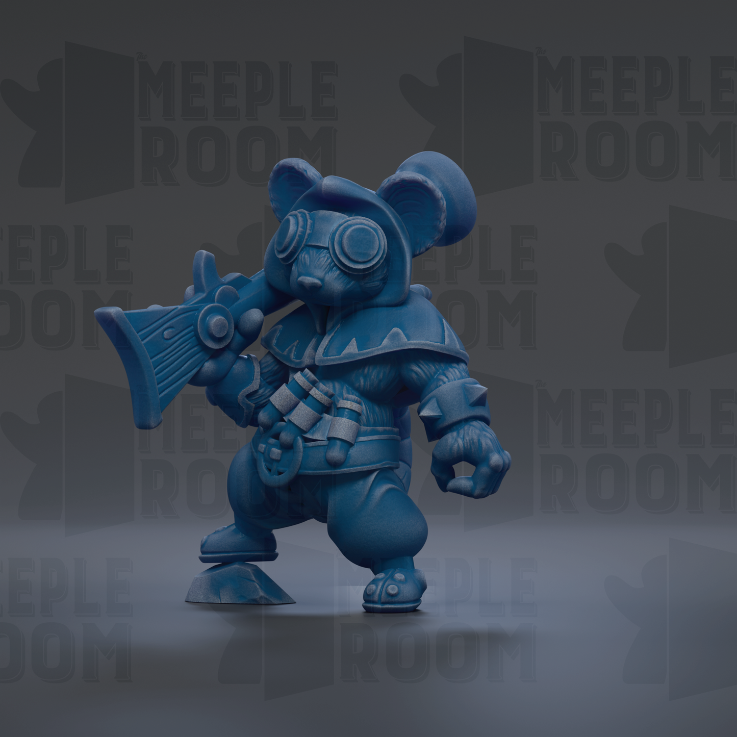 A blue 3D model of a character with a gun, standing in a dark background with the text "MEUPLE ROOM" repeated multiple times.