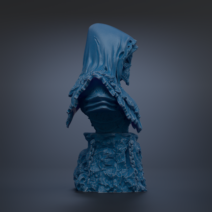 A dark blue, hooded statue of a figure with a hooded cloak, set against a dark background.