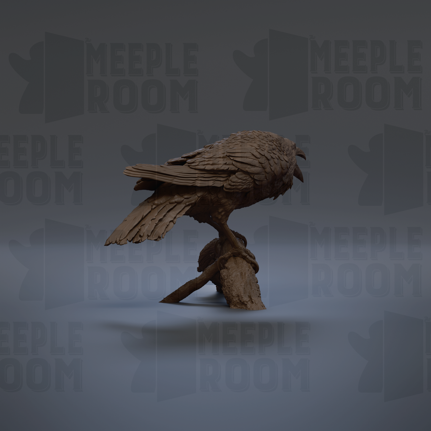 A 3D rendering of a bird statue, possibly a crow, perched on a branch. The background is a dark gray color, and the image contains the text "MEEPLE ROOM" repeated multiple times.