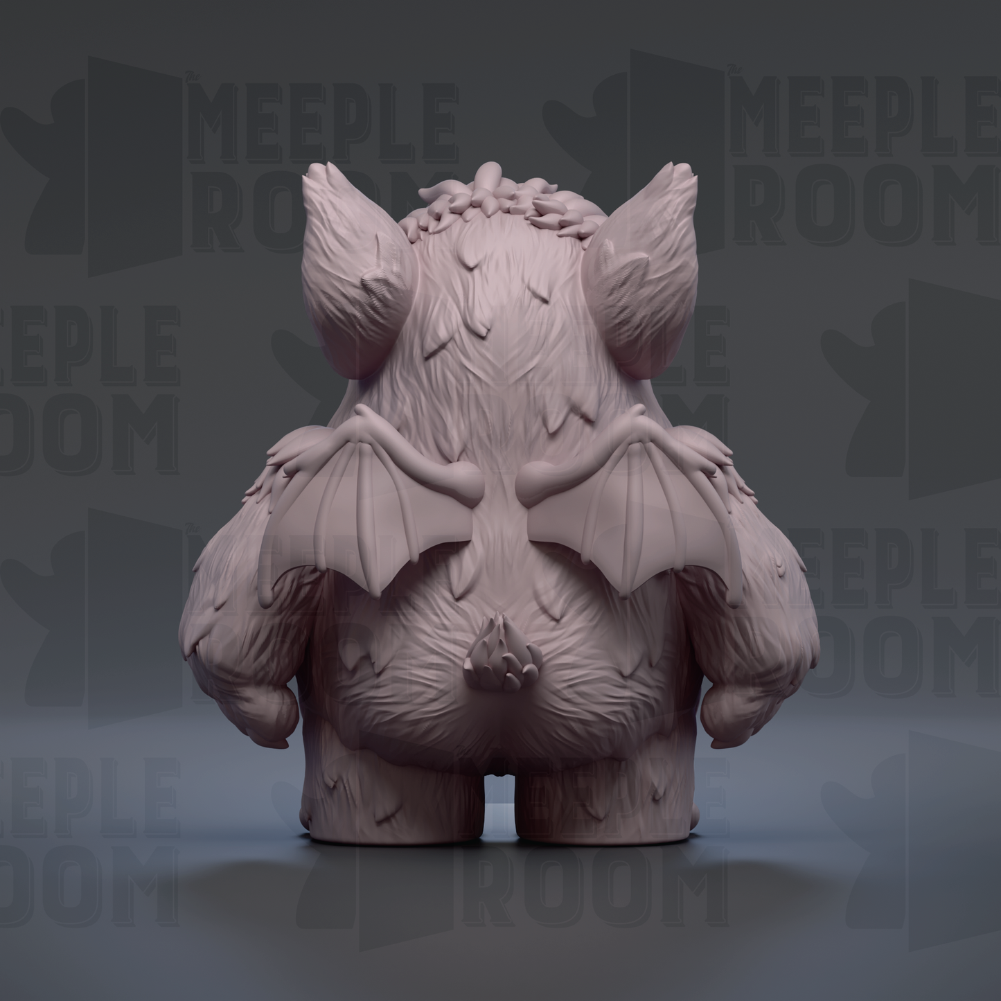 A 3D rendering of a bat-like creature with large ears and wings, standing on a gray surface against a dark background.