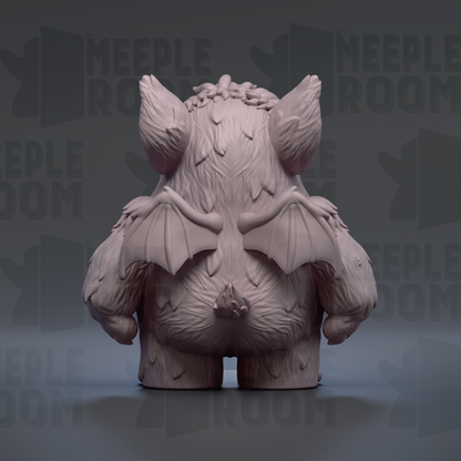 A 3D rendering of a bat-like creature with large ears and wings, standing on a gray surface against a dark background.
