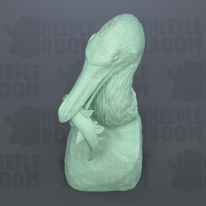 A green, 3D-rendered sculpture of a bird, possibly a stork or heron, holding a fish in its beak.
