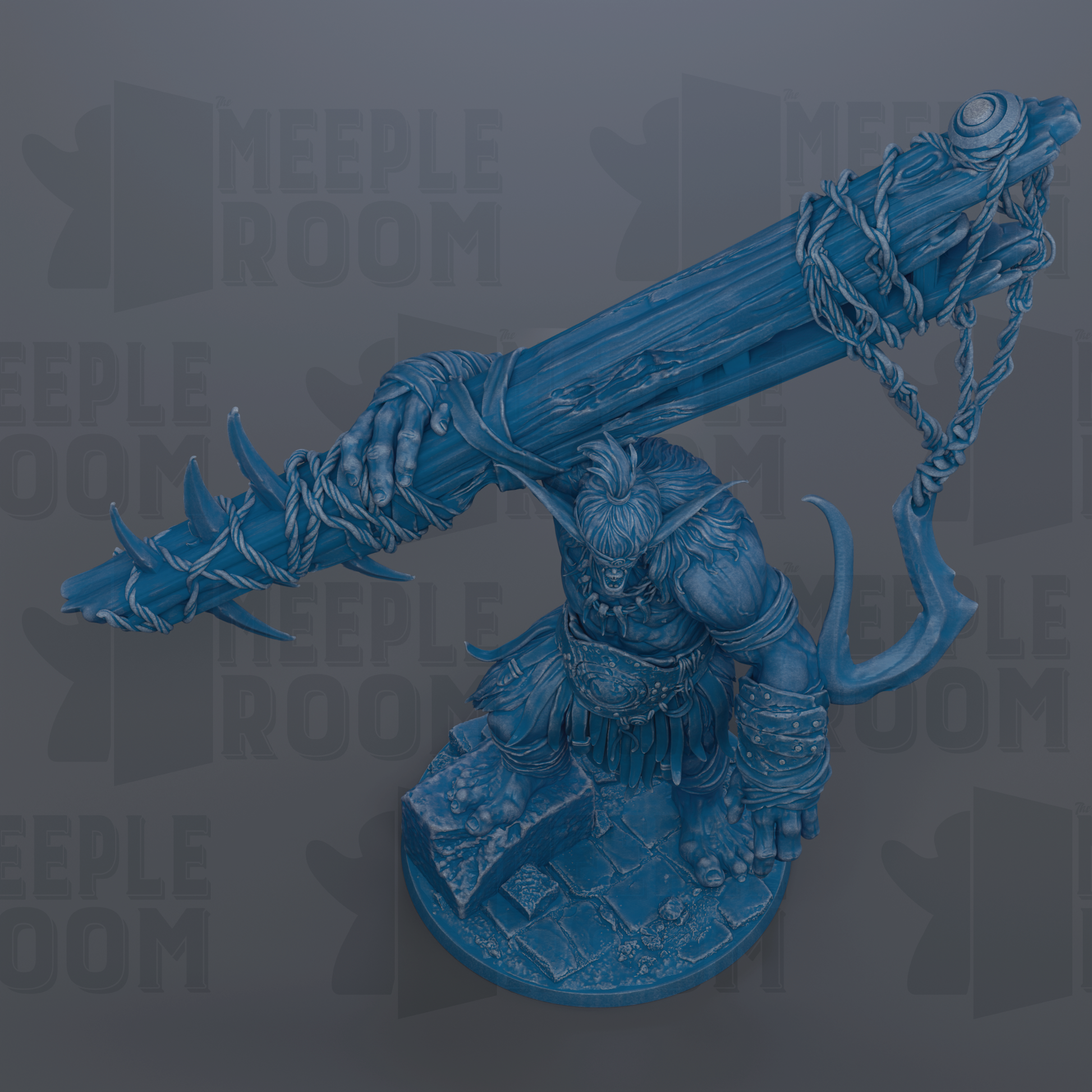 A blue, 3D-rendered statue of a warrior figure with a large weapon, standing on a stone base.