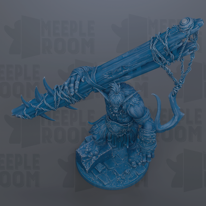 A blue, 3D-rendered statue of a warrior figure with a large weapon, standing on a stone base.