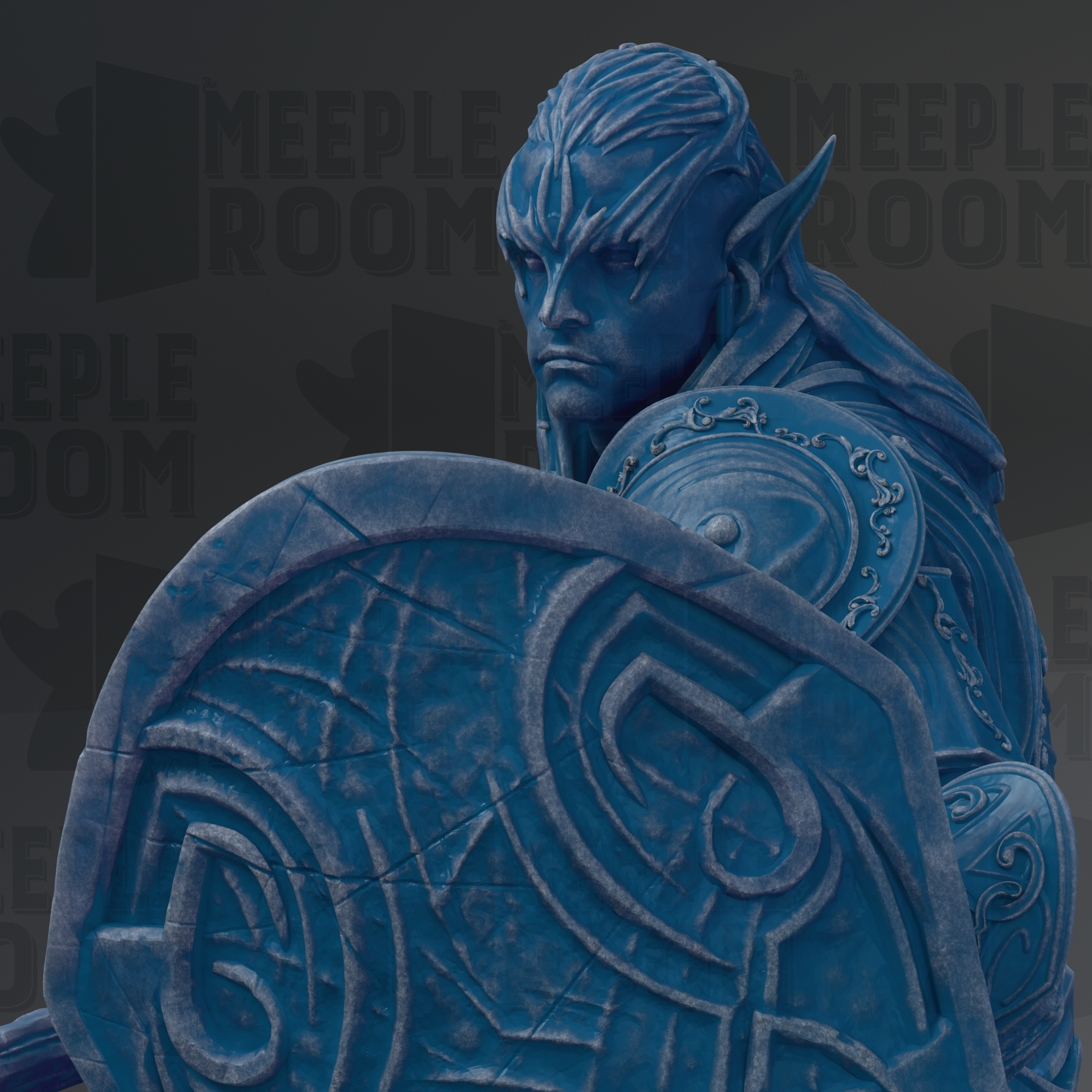 A blue statue of a warrior figure holding a shield, with intricate designs and patterns on the shield.