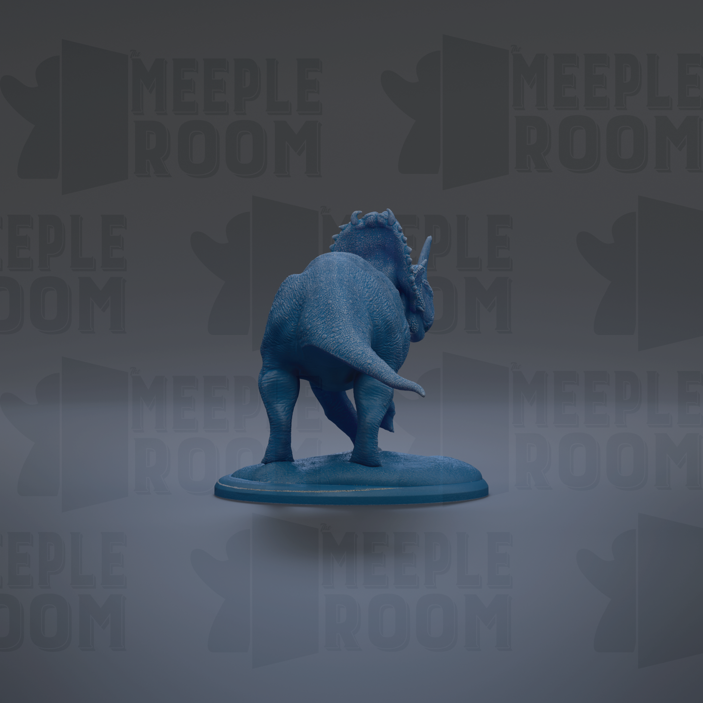 A blue dinosaur figurine is displayed against a dark background with repeated text.
