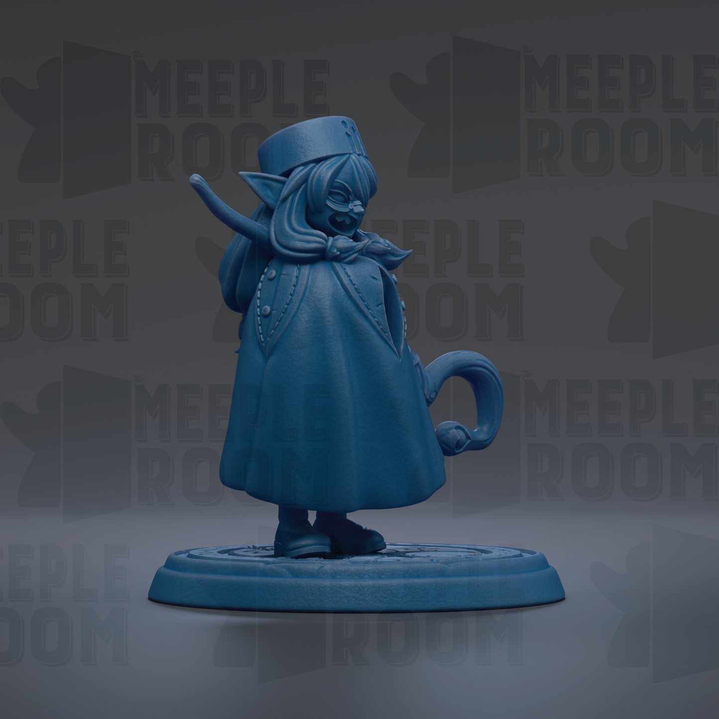 A blue figurine of a person with long hair and a hat, standing on a platform and holding a cat in their hand.