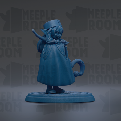 A blue figurine of a person with long hair and a hat, standing on a platform and holding a cat in their hand.